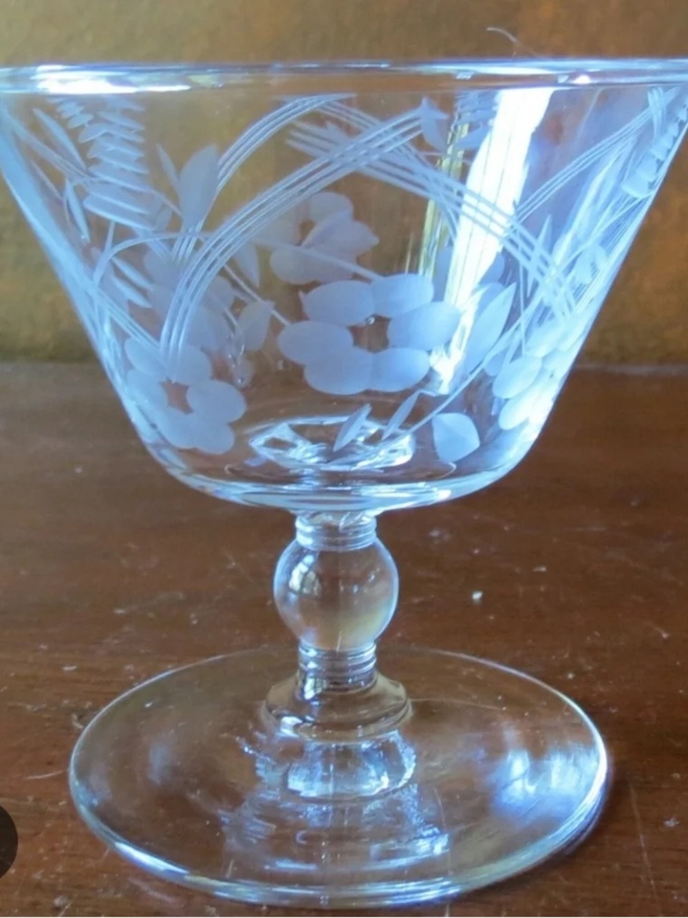 Etched Glass Dessert Coupe - Clear Floral Etching